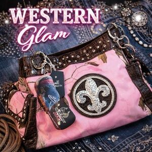 Realtree Pink Camo Rhinestone Fleur-de-Lis Shoulder Bag Western Glam